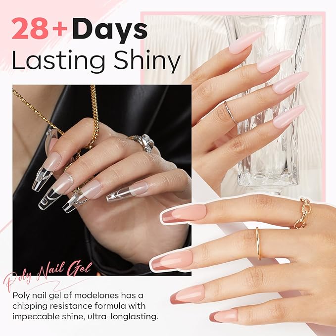 Modelones Poly Extension Gel Nail Kit, 6 Colors Pink Nude with 48W U V/LED Lamp Slip Solution 3D Bow Pearl Charms Decoration Rhinestone Glitter Tools for Manicure Beginner Starter Kit DIY at Home-VivaGrace Women