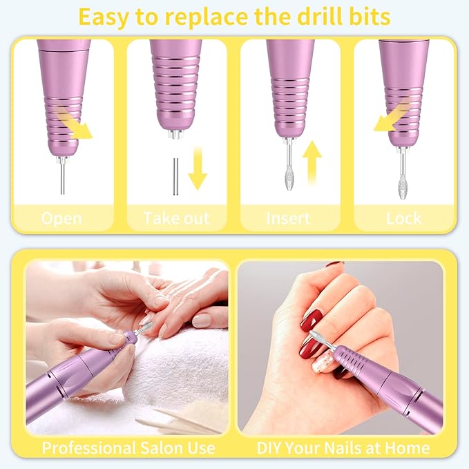 Portable Nail Drill Professional 35000 RPM, MOCOWIND Rechargeable Electric Nail File Machine for Acrylic Nails Gel Polishing, Cordless E-File with Bits Kit for Manicure Salon Home, Yellow & Purple-VivaGrace Women
