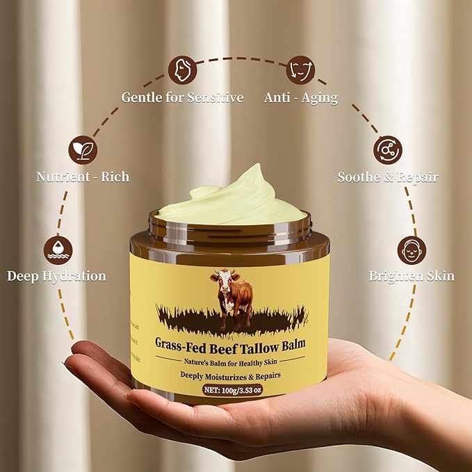 Beef Tallow for Skin, Tallow and Honey Balm, Facial Moisturizer Cream, 100% Organic Grass Fed Whipped Beef Tallow Balm Deeply Moisturizing for Face & Body, Suitable For All Skin Types(3.53oz)-VivaGrace Women