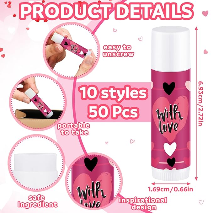 Dunzy 50 Pcs Thank You Gift Lip Balm Bulk Baby Shower Party Favors Bridal Shower Favor Lip Care with Assorted Fruit Flavors Thank You Lipstick for Guest Basket Gift Stuffer (Heart)-VivaGrace Women