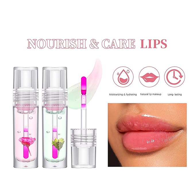 Flower Lip Oil, Hydrating Lip Glow Oil, Plumping Lip Oil, Non-Sticky Long Lasting Lip Oil Gloss, Transparent Lip Oil Tinted, Lip Plumper Gloss, Moisturize your lips and Reduce lip lines (03)-VivaGrace Women
