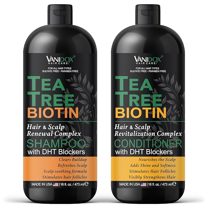 Tea Tree Oil Shampoo and Conditioner Set with Biotin, DHT Blockers, Itchy Scalp Relief, Supports Thicker-Looking Hair, Cleanses Dandruff & Buildup, For Men & Women, Made in USA, 16 fl oz Each-VivaGrace Women