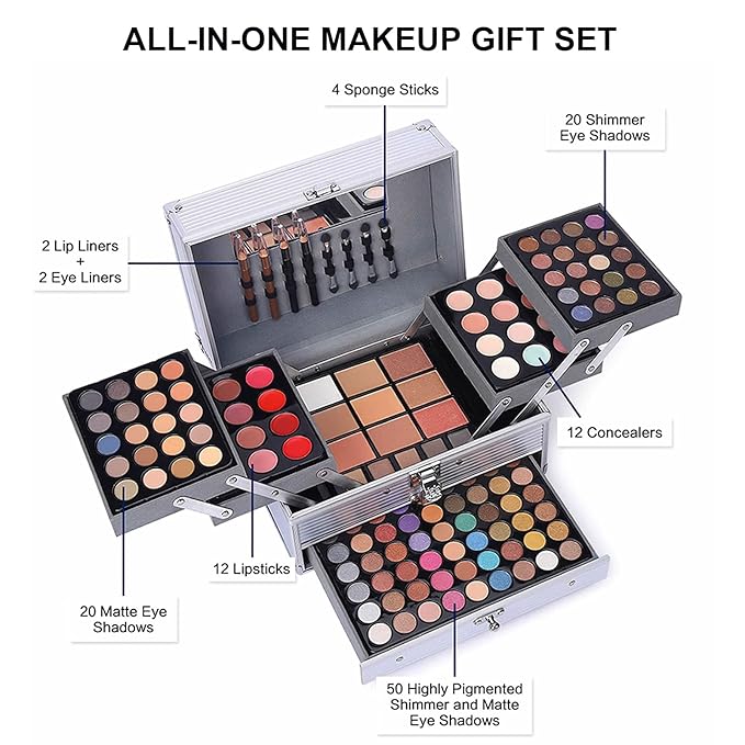 132 Color All- In- One Makeup For Women Full Kit,Professional Makeup Kit,Makeup Gift Set for Women,Girls&Teens,Include eyeshadow/lipstick/concealer/Lip Gloss/Eyeliner/Mascara（006N2-Silver）-VivaGrace Women