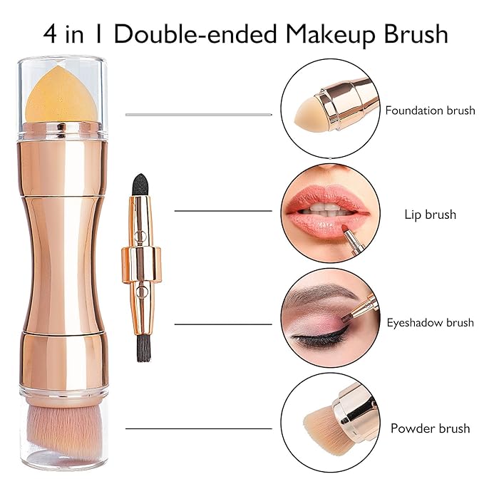 kullder 4 in 1 Makeup Brush Travel Makeup Brushes Blend Sponge, Eyebrow, Eyeshadow & Blush Brushes for Foundation Concealer Double Ended Makeup Brush with Powder Puff Women Ideal Gifts-VivaGrace Women
