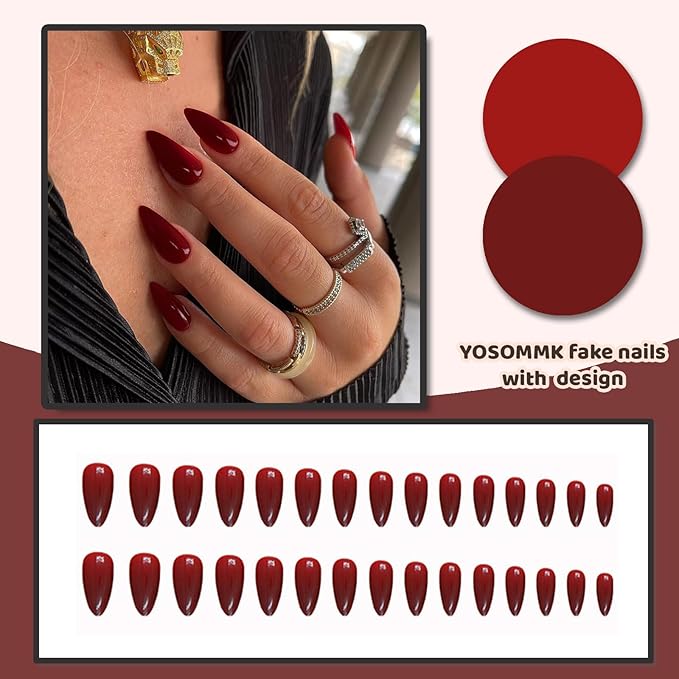 Medium Press on Nails Almond Fake Nails with Designs Burgundy Red Glue on Nails Glossy Stick on Nails for Women and Girls