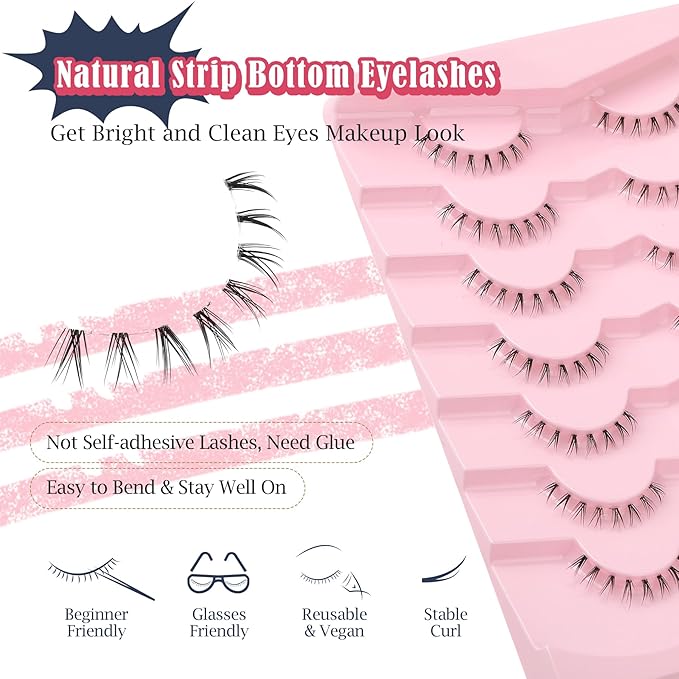 Lashes Natural Bottom Lashes 9mm Lower Strip Lashes Extention False Eyelashes Natural Look Wispy Bottom Eyelashes Fake Lashes Pack 7 Pairs-VivaGrace Women