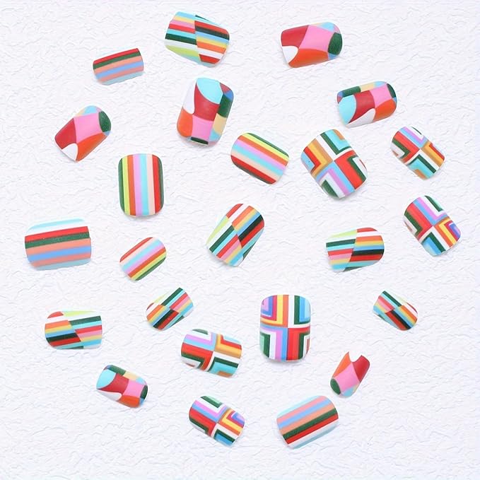 24 Pcs Press on Nails Short Rainbow Fake Nails Square False Nails Design Colorful Stripes and lozenge Designs Glossy Artificial Nail Art Reusable Stick on Nails Kit for Women - 24 Pcs in 12 Sizes