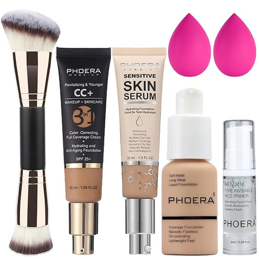 PHOERA Foundation, PHOERA Contour Palette,Shades with Highlighter & Bronzer & Blush,PHOERA Makeup Lightweight Long Lasting Wrinkles Matte Natural Finish (104+140CC+N03/ Buff Beige)-VivaGrace Women