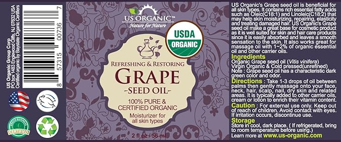 US Organic Grape Seed Oil, USDA Certified Organic, 100% Pure & Natural, Cold Pressed Virgin, Unrefined, in Amber Glass Bottle w/Glass Eye dropper for Easy Application (2 oz (56 ml))-VivaGrace Women