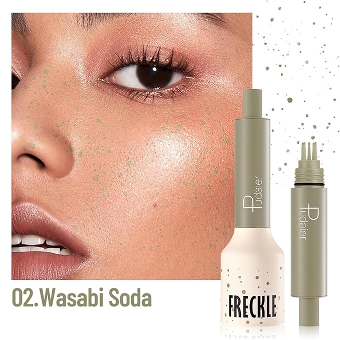 Freckle Stamp,Faux Freckle Stamp,Quick Dry Fake Freckles Pen,Waterproof Long Lasting Natural Vivid Faux Freckles Pen,Get Sun-Kissed Stars Makeup in One Press,5-Dot Design,02.Wasabi Soda.-VivaGrace Women