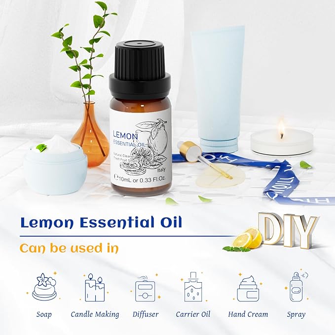HIQILI Lemon Essential Oil, Household Cleaning, Air Purification, Skin Care, Can be Added to Cleansers, Sprays, Body Lotions Use - 0.33 Fl Oz/10ML-VivaGrace Women
