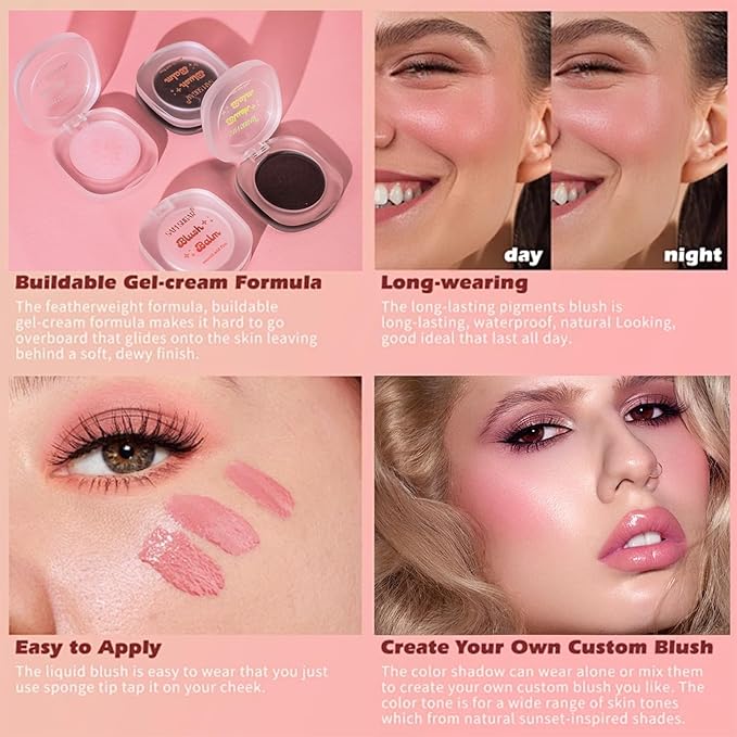 Color Changing Blush,3-in-1 Warm Change Blush,Pink Cream Blush,Transparent Crystal Color Changing Magic Gel,Blush PH Temperature Changing Long Lasting Blendable Natural Finish for All Skin Tone(01)-VivaGrace Women