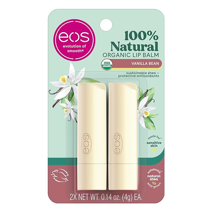 eos 100% Natural & Organic Lip Balm Sticks- Vanilla Bean, All-Day Moisture, Dermatologist Recommended, 0.14 oz, 2-Pack-VivaGrace Women