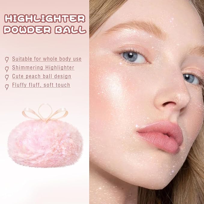 Highlighter Makeup Powder Plush Peach Ball Puff Glitter Shimmer Sparkle Loose Patting Powder for Body Face Hair Multi-Use High Gloss Shine Bright Illuminator Makeup Glossy Diamond Glow-VivaGrace Women