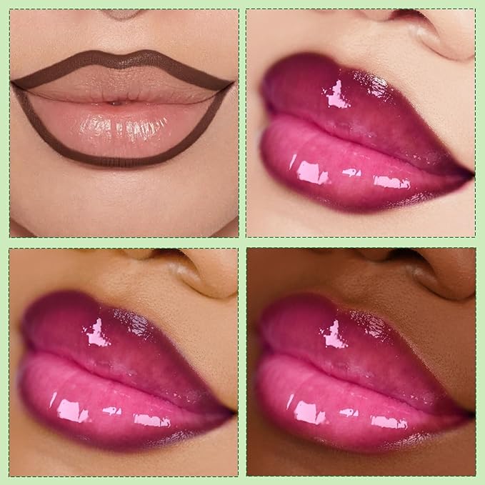 2 in 1 Solid Click Lip Gloss Pen With Brown Lip Liner Set Moisturizing Long Lasting Light Pink High Glossy Jelly Tinted Lip Balm Juicy Buildable Lip Plumper Makeup for Women-VivaGrace Women