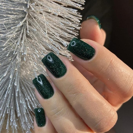Dark Green Glitter Press on Nails Short Medium Nails Glue On,KQueenest Iridescent Shimmer Acrylic Fake Nails Sparkling Gel Nails Press ons,Stick on Nails Coffin False Nails with Designs
