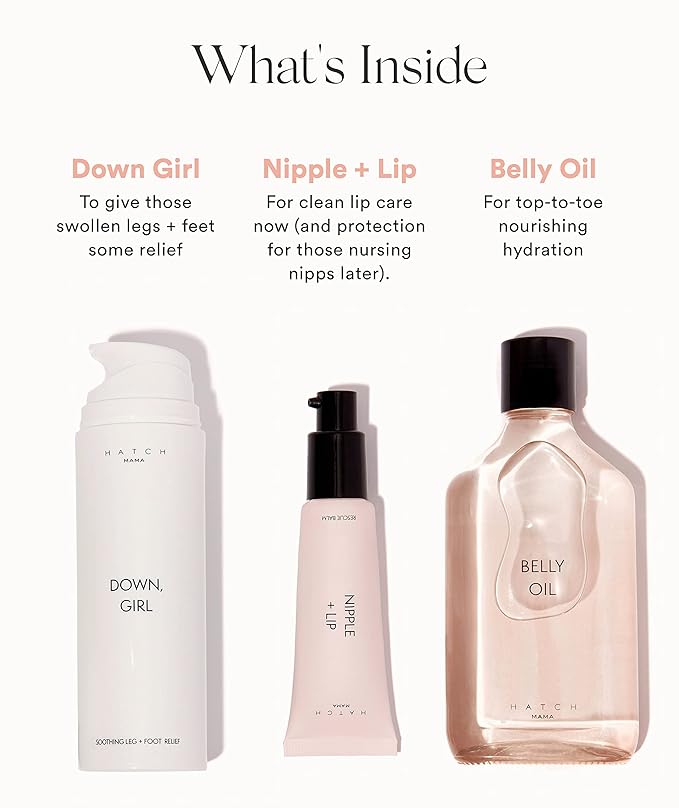 HATCH Mama Must Haves Kit - Belly Oil, Nipple + Lip Rescue Balm, and Down Girl Soothing Leg + Foot Relief - 3 Piece Set - Maternity Essentials-VivaGrace Women