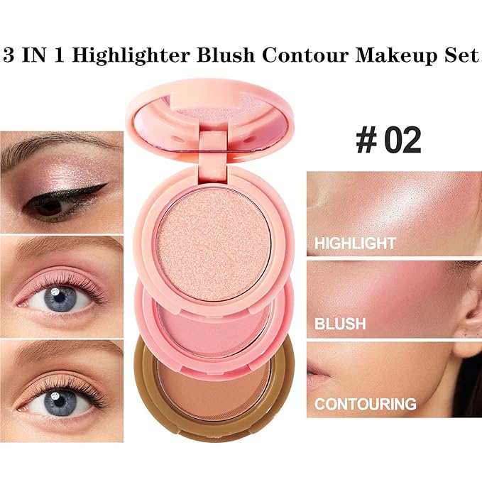 3-in-1 Blendable Trio, Contour and Highlight Blush Makeup Palette, Cream Bronzer, Silky Smooth Powder Blush, Shimmer Highlighter Makeup Powder, Pink Brown Eyeshadow Palette with Mirror(02)-VivaGrace Women