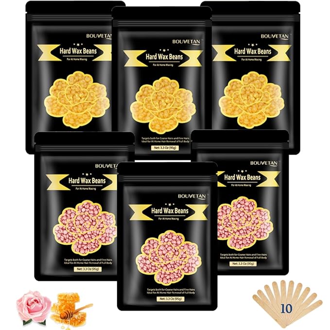 Hard Wax Beads, Bouvetan 1.3Lb/21oz Wax Beans for Brazilian Waxing, Hard Waxing Beads for Eyebrow, Face, Bikini for Women Men Hair Removal with 10pcs Wax Spatulas, 6 Packs-VivaGrace Women