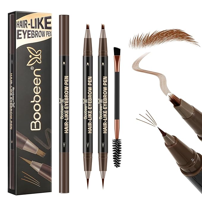 Boobeen 2pcs Waterproof Eyebrow Pen，Dual-Ended Eyeliner Microblading Eyebrow Pencil for Women，Long Lasting Hair-Like Brow Pen with Brow Brush，Dark Brown-VivaGrace Women