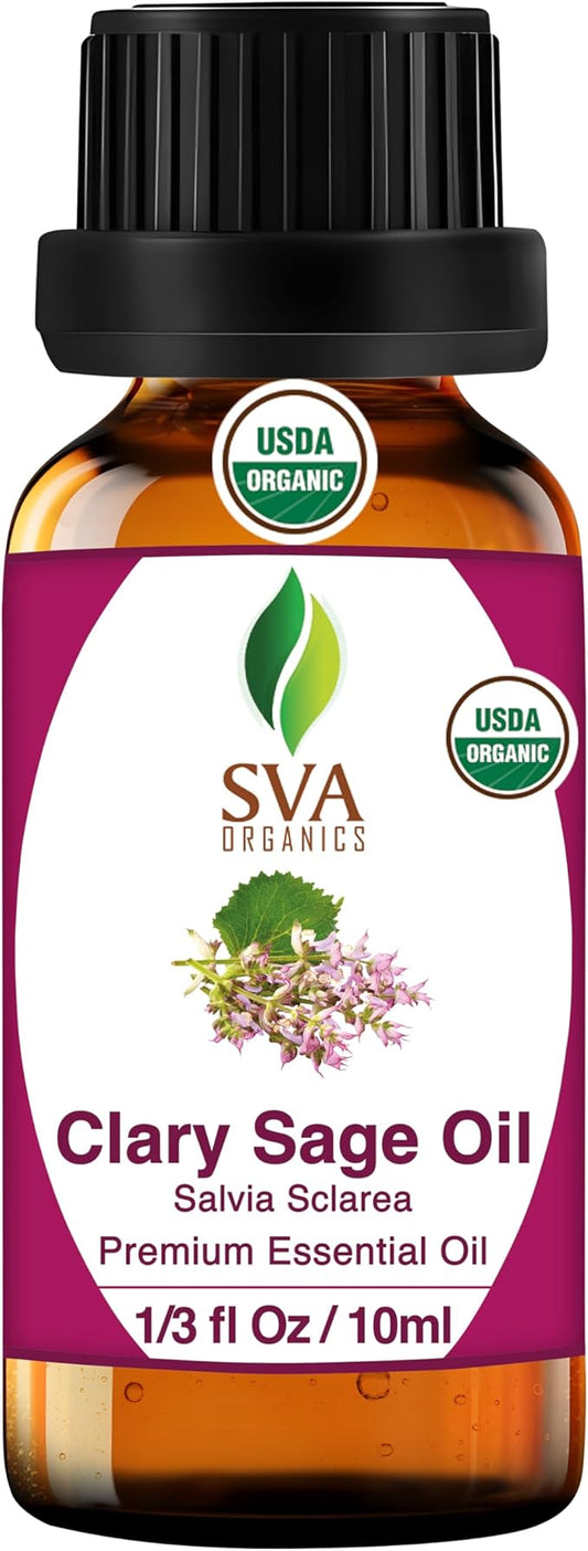 SVA Clary Sage Essential Oil Organic – 1/3 Fl Oz – 100% Natural Organic Clary Sage Oil - for Diffuser, Hair Care, Face, Skin Care, Aromatherapy, Scalp and Body Massage, Soap and Candle Making-VivaGrace Women