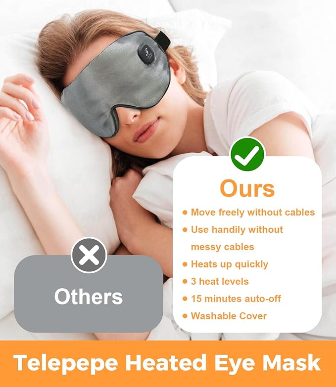 Heated Eye Mask for Dry Eyes, Cordless Warm Eye Compress, Styes, Blepharitis, 1000mAh, 3 Heat Levels, Electric, Light-Blocking, Washable Cover, Travel (Gray)-VivaGrace Women