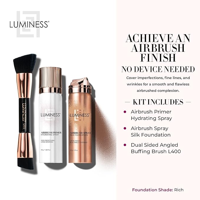 LUMINESS Airbrush Spray Silk Foundation Starter Kit - Rich - Foundation, Primer & Dual-Sided Angled Buffing Brush - Medium, Buildable Coverage, Anti-Aging Formula Hydrates & Moisturizes-VivaGrace Women