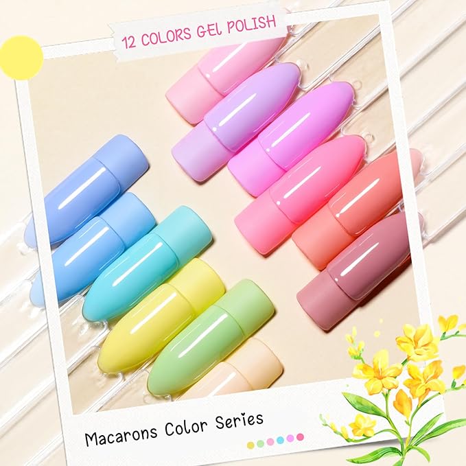 MEET ACROSS 12pcs Gel Nail Polish Set,Soak Off UV LED Lamp Gel Nail Polish Kit,Fashion Shimmer Nail Art Design Gifts for Women Manicure Salon (Makaron series)