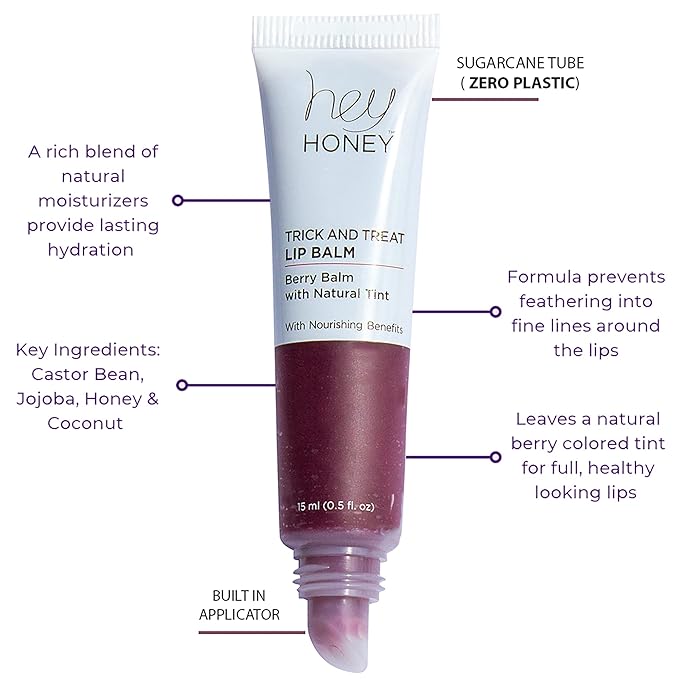 Hey Honey Skincare Trick and Treat Honey Berry Plumping Lip Balm | 2 In 1 Natural Tint with Hydrating & Moisturizing Properties | Targeting Your Lips Area Wrinkles | 0.5 oz (Honey Berry)-VivaGrace Women