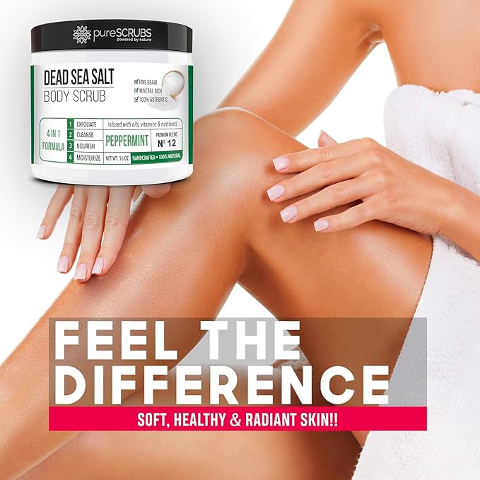 pureSCRUBS Premium Sea Salt Body Scrub Set - Large 16oz Peppermint Scrub With Infused Essential Oils & Nutrients, Includes Wooden Spoon, Loofah & Oatmeal Exfoliating Bar Soap-VivaGrace Women