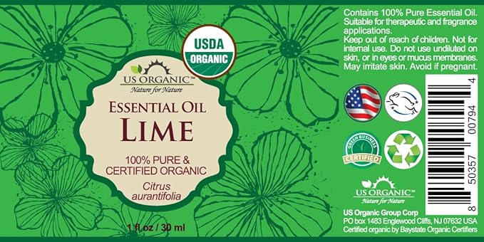 US Organic Lime Essential Oil - Certified Organic, Steam Distilled - W/Euro droppers (More Size Variations Available) (30 ml / 1 fl oz)-VivaGrace Women