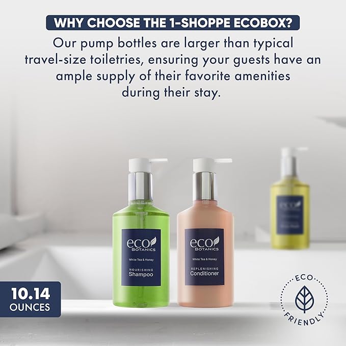 1-Shoppe Eco Botanics 10 Piece Ecobox All-In-Kit | White Tea and Honey Soap | 3 Shampoo, 2 Conditioner, 3 Body Wash & 2 Lotion | 10.14oz Hotel Soaps and Toiletries Bulk | Personal Care Products-VivaGrace Women