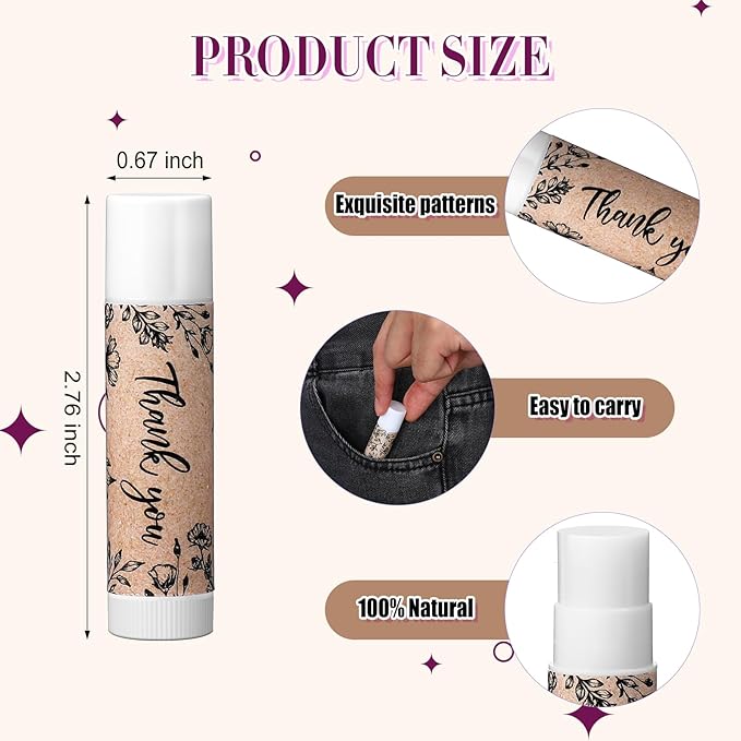 30 Pcs Thank You Lip Balms Bulk Wedding Bridal Shower Favors for Guests Wedding Souvenirs Moisturizing Floral Lip Balm Gifts for Bachelorette Party Bridesmaid Baby Shower, Classic Wood Grain-VivaGrace Women