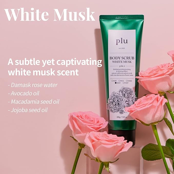 PLU Original Korean Walnut Body Scrub Polish - White Musk - Exfoliating & Moisturizing & Glow - for Acne, Cellulite, Stretch Marks, Spider Veins - Soft Musk Scent, 6.76 oz.-VivaGrace Women