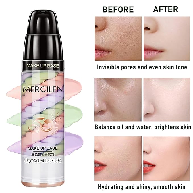 Primer Face Makeup Base, 3 In 1 Isolation Cream Color Corrector, Makeup Primer Skin Tone Correcting and Brightening Primer, Oil Control Moisturizing Face Primer to Hide Wrinkles and Fine Lines-VivaGrace Women