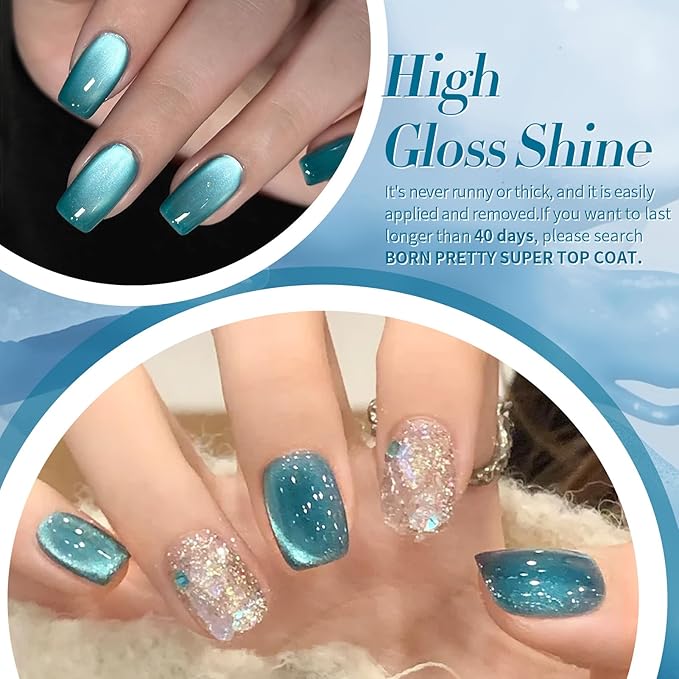 BORN PRETTY Magnetic Gel Nail Polish Blue Water Light Cat Magnetic Eye Gel Jelly Glass Crystal Magnetic Gel Polish Glitter Shimmer Auroras Magnetic Gel Nail Art Manicure Kit 6PCS-VivaGrace Women