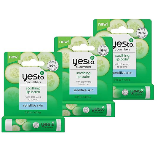 Yes To Cucumber Soothing Lip Balm, Hydrating Non-Sticky Salve That Calms Dry Cracked Lips, Locks In Moisture & Glides On Smoothly, With Aloe Vera & Castor Oil, Natural & Cruelty Free, 0.15 Oz, 3-Pack-VivaGrace Women