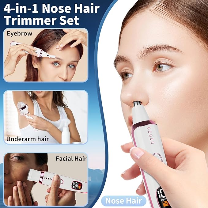 2025 Rechargeable Nose and Ear Hair Trimmer with LED Dispaly for Women Men,4 in 1 Painless Eyebrow & Facial Hair Trimmer with Powerful Motor,Ladies Wet & Dry Electric Razor (White)-VivaGrace Women