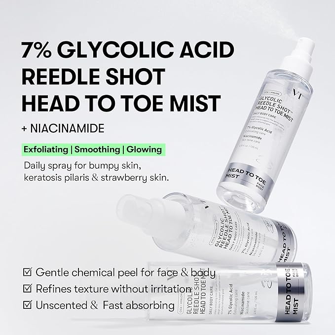 VT COSMETICS 7% Glycolic Acid Reedle Shot Head-to-Toe Mist with Niacinamide, Exfoliating Spray for Bumpy & Strawberry Skin, Dark Spots, Skin Texture, Keratosis Pilaris, Korean Skincare (4.05 fl oz)-VivaGrace Women