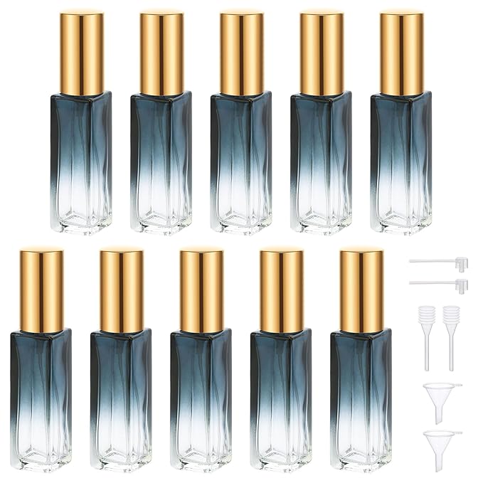 Segbeauty 10ML Perfume Bottles Empty, Set of 10 Mini Travel Refillable, Glass Spray Bottle Atomizer Portable Leak-proof Sprayer for Dispensing Fragrance Toiletries Cosmetic, Gradient Blue-gold-VivaGrace Women