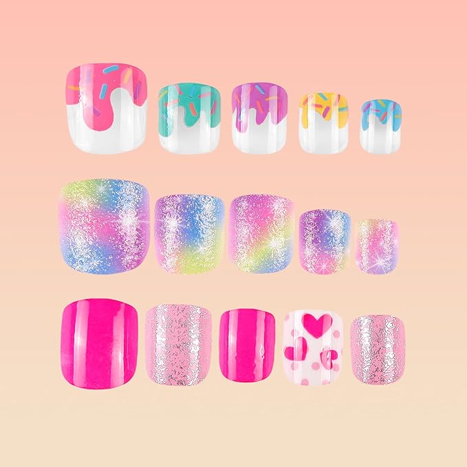 Kids Press on Nails Children Fake Nails 72PCS Artificial Nail Tips Adhesive Full Cover Short False Fingernails for Girls Kids Nail Decoration (Starry Heart Ice Cream)