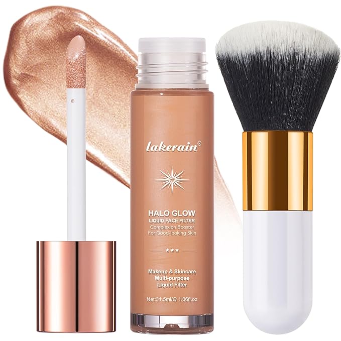 Natural Glow Liquid Filter Makeup, Longwear Face Luminizer, Complexion Booster For Any Part of the Body, Liquid Highlighter with Brush Kit, Infused Hyaluronic Acid, 1.06 fl oz (#04 MEDIUM)-VivaGrace Women