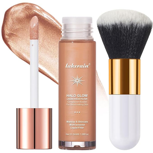 Natural Glow Liquid Filter Makeup, Longwear Face Luminizer, Complexion Booster For Any Part of the Body, Liquid Highlighter with Brush Kit, Infused Hyaluronic Acid, 1.06 fl oz (#04 MEDIUM)-VivaGrace Women