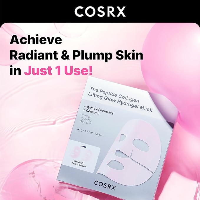 COSRX The Peptide Collagen Lifting Glow Hydrogel Face Masks Skincare 3 EA, Collagen Face Mask, Travel Essentials, Overnight Face Mask, Korean SkinCare-VivaGrace Women