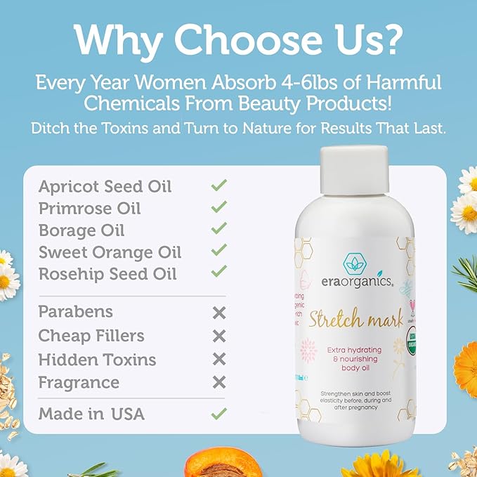 Era Organics Organic Stretch Mark Oil for Pregnancy - Extra Moisturizing Belly Oil for Pregnancy - Pregnancy Oil to Prevent Stretch Marks - Pregnancy Must Haves-VivaGrace Women