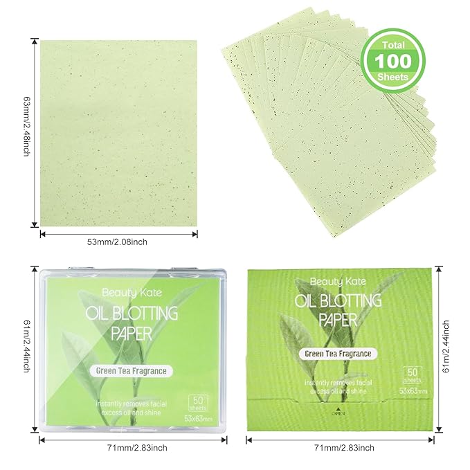 Oil Blotting Sheets for Face, Blotting Paper For Oily Skin Green Tea 100 sheets with Portable Mirror Case & Makeup Puff, Oil Absorbing Sheets For Face-VivaGrace Women