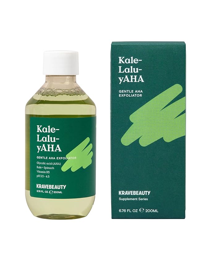 Krave Beauty Kale-Lalu-yAHA - Gentle 5.25% AHA Exfoliator with Glycolic Acid, Hyaluronic Acid, and Vitamin-Rich Kale for Texture, Discoloration, and Dead Skin Cells, Vegan and Cruelty-Free, 6.76 fl oz-VivaGrace Women