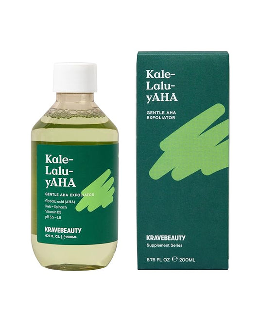 Krave Beauty Kale-Lalu-yAHA - Gentle 5.25% AHA Exfoliator with Glycolic Acid, Hyaluronic Acid, and Vitamin-Rich Kale for Texture, Discoloration, and Dead Skin Cells, Vegan and Cruelty-Free, 6.76 fl oz-VivaGrace Women