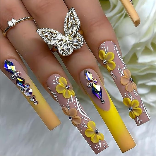 XL Press on Nails,Long Fake Nails Square Press on False Nails with Flower and Rhinestone Design Holiday Gift for Women 24pcs(Nude&Yellow)