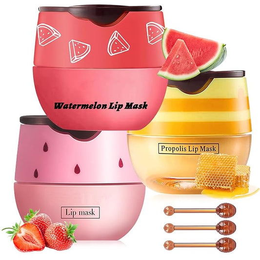 3 PCS Bee Lip Balm Lip Mask Honey Pot, Honey & Strawberry & Watermelon Lip Mask Propolis Moisturizing Lip Balm with Stick, Sleeping Lip Mask Hydrating Prevention Dry & Cracked Lip Scrubs (SET A)-VivaGrace Women